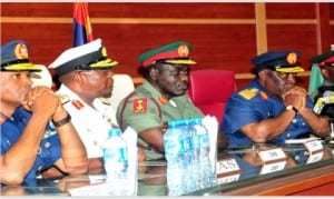 L-R: Chief of Air Staff, AVM Sadique Abubakar, Chief of Naval Staff, Rear Adm. Ibok-Ete Ibas, Chief of Army Staff, Maj.-Gen. Tukur Buratai, and former Chief of Defence Staff, Air Chief Marshal Alex Badeh, during the handing over of the former  Chief of Defence Staff to his successor in Abuja, onTuesday