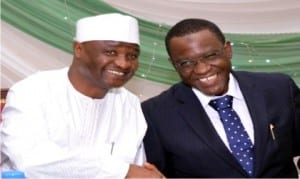 Acting Director-General, National Office for Technology Acquisition and Promotion (notap), Dr Danazumi Ibrahim (left) with the representative of Julius Berger Plc. Mr Abdullazis Kaita, at the launching/presentation of notap Industry Technology Transfer Fellowship (nittf) scheme in Abuja, yesterday.