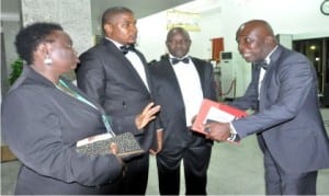 L-R: Mrs Ajiboye Adenike, National Vice President, law Students Association of Nigeria, National Open University, Paul Oyemike, President, Bassy  Nwibani, National Vice President and Mr Eugene Ogbonna, National Director of Programmes, at the first national grand dinner in honour of law graduates of National Open University in Abuja, recently.