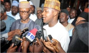 Speaker, House of Representatives, Yakubu Dogara (right) and the APC National  Chairman, Chief John Odigie-Oyegun, briefing State House correspondents after a  meeting with President Muhammadu Buhari at the Presidential Villa in Abuja last  Monday night.