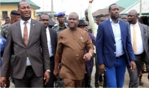 Rivers State Governor, Chief Nyesom Wike (middle),with Chairman, Caretaker Committee of Akuku-Toru Local Government Area, Hon. Odimabo (left) and other prominent sons of the area, during the inspection tour of Abonnema-Obonoma Bridge project by the Governor in Abonnema, yesterday