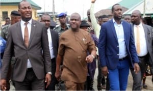 Rivers State Governor, Chief Nyesom Wike (middle),with Chairman, Caretaker Committee of Akuku-Toru Local Government Area, Hon. Odimabo (left)  and other prominent sons of the area, during the inspection tour of Abonnema-Obonoma Bridge project by the Governor in Abonnema, yesterday