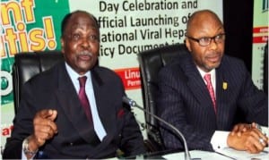 Former Head of State, Gen. Yakubu Gowon (rtd) (left), with Permanent Secretary, Federal Ministry of Health, Mr Linus Awute, during a news conference and official launch of the National Policy on Viral Hepatitis, which was part of activities commemorating the 2015 World Hepatitis Day in Abuja, yesterday