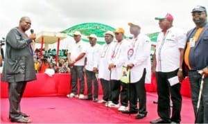 Former Governor of Bayelsa State, Diepreye Alamieyesigha (left), inaugurating executive members of Governor Dickson Support Movement (Dsm) in Yenagoa on Wednesday