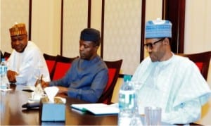 L-R: Speaker, House of Representatives, Yakubu Dogara, Vice-President Yemi Osinbajo and President Muhammadu Buhari, during a meeting of the President with APC members of the House of Representatives at the Presidential Villa in Abuja on Monday.