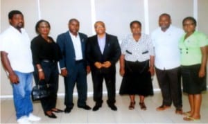 General Manager, Rivers State Newspaper Corporation, Mr. Celestine Ogolo (middle), in a group photograph with members of Rotary Club of Port Harcourt, GRA, during their courtesy visit to the corporation in Port Harcorut on Wednesday. With them is Director of Administration, RSNC, Mrs Emi Jameson (3rd right).         Photo: Egberi A. Sampson