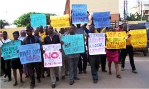 Members of Campaign for Democracy, protesting against marginalisation of Ndi-Igbo in the new political and socio-economic sphere of the country in Onitsha, Anambra State on Monday