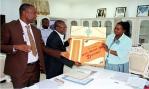  Rivers State Deputy Governor, Dr. (Mrs) Ipalibo Harry Banigo (right), receiving a present from the Acting Provost, Rivers State College of Health Sciences and Technology, Dr. Nnamdi Amadi (2nd left) and  supported by the Deputy Provost, Mr. Okpara Kingsley (left), during their courtesy visit  to her office in Government House, Port Harcourt recenlty