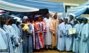 Governor Umaru Al-Makura of Nasarawa State (middle), his Wife,  Mrs.salamatu Umaru-Al-Makura (7th left), with trainees of Mothers and Child Care Education Foundation (MCCEF), during their graduation in Lafia on Saturday 