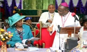 Rivers State Governor, Chief Nyesom Wike, represented by his Deputy, Dr Ipalibo Banigo (left), listening to the Bishop, Diocese of Evo (Anglican Communion), Rt Rev Innocent Ordu, as he passes a goodwill meassage through her to the governor, during the 2015 Synod of the church in Port Harcourt, recently.