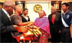 l-R: Business Development Manager, Emo Exploration and Production Ltd, Mr Dennis Otsemobior, Deputy Managing Director, Total Nigeria, Mr. Charles Ngoka, Supervisor, Community Development, National Petroleum  Investment Management Services, Mrs Helen Nkwo, Lagos Deputy Governor, Dr Oluranti  Adebule, Acting Permanent Secretary, Ministry of Transportation, Mrs Adebisi Ariyo and Managing Director, Lagos State Waterways Authority (LASWA), Mr Olayinka Marinho, at the handing over of  2,400 Life Jackets Donated by Total Nigeria Plc. to the Lagos State Government on Wednesday 