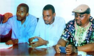 L-R: Chairman, Rivers Ethnic Youth Leader Coalition, Comrade Livingstone Membere, Leader, Bonny Youths Federation, Barr Simeon Wilcox and Chairman, Finima Youth Congress, Comrade Ala Hart, during a press briefing by the leadership of the Niger Delta Youth Organsation over location of NLNG Dry Dock to Badagry, Lagos, last Sunday