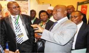 L-R: President, Federation of Construction Industry (FOCI), Builder Solomon Ogunbusola, Director-General,  FOCI, Mrs Olubunmi Adekoje and Director, Highway Planning, Federal Ministry of Works, Mr George Nsonwu, at the 59th Annual General Meeting on Construction Industry Exhibition  in Abuja, yesterday.