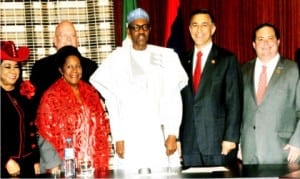 L-R: Member of the US Congress, (21th District, Florida), Frederica Wilson, member of the US House of Representatives (18th District, Texas), Sheila Jackson Lee, President Muhammadu Buhari, Leader of the US Congress Delegation, Mr Darrill Issa and another member of the Congress (27th District, Texas), Blake Farentholld, after a meeting with President Buhari at the Presidential Villa in Abuja, Monday
