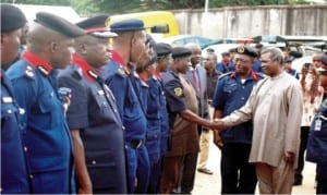Officials of the Nigeria Security and Civil Defence Corps (NSCDC), bidding farewell to the former Commandant-General of NSCDC, Dr Ade Abolurin, during his home-coming in Lagos  recently