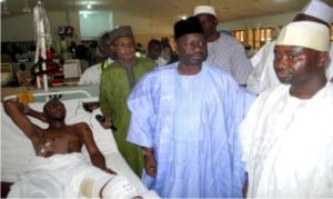 Director-General, National Emergency Management Agency (NEMA), Alhaji Sani Sidi (right) and Governor Ibrahim Dankwambo of Gombe State (2nd right), sympathising with the victim of Gombe ‘s multiple bomb explosion, during their visit at the Federal Teaching Hospital in Gombe on Friday.        Photo: NAN