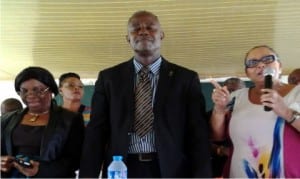 The Acting Provost of Rivers State College of Arts and Science (RIVCAS), Dr. Samuel Kalagbor (middle), being introduced by the Deputy Provost, Dr (Mrs) Roberta Dosunmu (right), during  his maiden meeting with staff of the institution in Port Harcourt on Thursday. With them is the Registrar of the college, Dame Georgena  Benwole (left).     Photo: Sogbeba Dokubo 