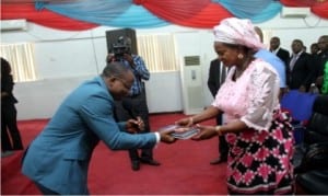 Deputy Governor of Rivers State, Dr. Ipalibo Harry Banigo, receiving a gift from Pastor Daniel Nwosu of the Kingsway International Christian Centre, Port Harcourt, during the 2015 International Youth Day celebration organised by the State Government in Port Harcourt, recently.       