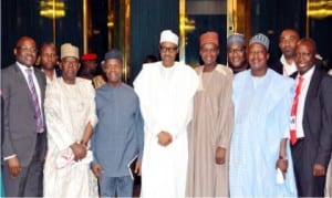 President Muhammadu Buhari (middle),Vice President Yemi Osinbajo (3rd left), Permanent Secretary, Federal Ministry Of Transport, Mohammad Bashar (3rd right) and Heads of Parastatals of the Ministry of Transport, after briefing President Buhari on activities of the Ministry and its agencies at the Presidential Villa in Abuja on Monday.