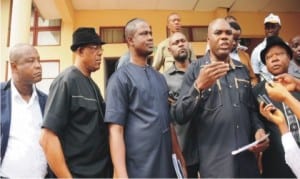 L-R: Trade Union Congress (TUC), South-East officials: Secretary for Imo State, Mr Basil Iwu, Chairman of Imo State chapter, Mr Paul Akalazu, Secretary for Enugu State, Mr Ben Asogwa; Chairman of Enugu State Chapter, Mr Igbokwe Igbokwe and Chairman of Abia State Chapter, Mr Christopher Okpara, during TUC South-East news conference on Labour Malpractices by Enugu Electricity Distribution Company in Enugu yesterday.