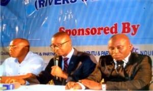 Chairman, Nigeria Institution of Estate Surveyors and Valuers, Rivers State chapter, Mr. Oladapo Olaya (middle), with a member of the institution, Mr. Elliot Orupabo (right) and immediate past State Chairman of the union, Mr. Emma Okas Wike, during a media briefing in Port Harcourt recently