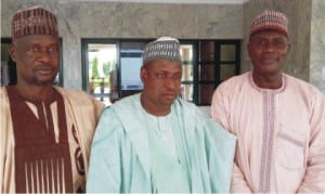 L-R: An Editor with the FRCN, Alhaji Abdulhamib Mariya, the station Manager, Freedom Radio, Dutse, Adamu Ladan and Editor-In-Chief, News Agency of Nigeria (NAN), Alhaji Lawal Ado, during a courtesy visit by Nigerian Guild of Editors to Governor Aminu Tambuwal in Sokoto on Friday.