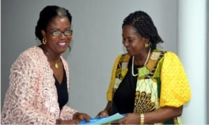 Rivers State Deputy Governor, Dr Ipalibo Banigo (right), receiving an address from  State Chairman, NAWOJ, Rivers State chapter, Mrs Lilian Okonkwo, during a courtesy visit to Government House, Port Harcourt, yesterday.  Photo: Ibioye Diama