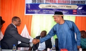 General Manager, Rivers State Newspaper Corporation, Mr Celestine Ogolo (left) exchanging pleasantries with the National deputy President of NUPPPPROW at the 3rd State Triennial Delegate Conference held yesterday. Photo: Ibioye Diama
