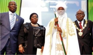 L-R: Senator Felix Bajomo (Ogun West), Deputy Governor of  Lagos State, Dr  Idiat Adebule, Emir of  Kano, Muhammadu Sanusi II and  President, Institute of  Chartered Accountants of   Nigeria (ICAN), Mr Olufemi Deru, at an ICAN   symposium on 2015 Federal Government's Budget in Lagos on Thursday