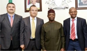 L-R: Human Resource Manager, First SWAT Group of Campanies, Mr Fatih Keskin, Vice Chancellor, Nile Turkish University, Prof. Huseyin Sert, Vice President Yemi Osinbajo and Dean of Natural and Applied Sciences, Nile Turkish University, Musa Muhammed, during a courtesy visit to the Vice President at the Presidential Villa in Abuja on Wednesday. Photo: NAN