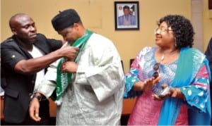 Exective Director, Centre for Ethics and Self Value Orientation, Universal Basic Education (ubec), Mr Salih Yakubu (left), presenting a gold medal award to Executive Secretary of ubec, Dr Dikko Sueiman, during presentation of national certificate of credence and gold medal awards, in Abuja. With him is the Director, Quality Assurance, ubec, Dr Chukwuma Agomoh.