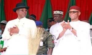 APC National Chairman, Chief John Odigie Oyegun (right), with former Governor of Bayelsa State, Chief Timipre Silva (left), during APC mega rally in Yenagoa on Saturday.       Photo: NAN