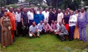 General Manger, Rivers State Newspaper Corporation (RSNC), Mr. Celestine Ogolo (2nd right), with members of 1980 Graduating Set of County Grammar School, Ikwerre Etche, with their spouses, during the reception held in honour of three of its members recently given appointments by the Rivers State Governor at Shell RA, Port Harcourt, recently.