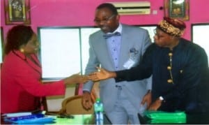 Head of Service, Rivers State, Barrister Rufus Godwins (middle), with chairman of the occasion, Prof. (Mrs) Roseline Konya and a resource person, Mr.. Eze G. W. Iroanwusi, during a seminar for repositioning Rivers State Civil Service at Vintage Farm, Elele on Monday.     Photo: Nwiueh Donatus Ken