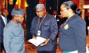 L-R: Vice President Yemi Osinbajo; Executive Secretary, Nigerian Shippers Council, Mr Hassan Bello and Director, Legal Services, Federal Ministry of  Transport, Mrs Uche Okoro, after briefing President Muhammadu Buhari on activities of  the  Ministry and its agencies at the Presidential Villa in Abuja recently.