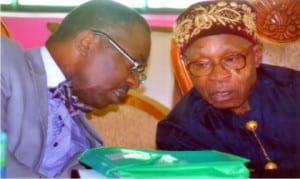 Rivers State Head of Service, Barr. Rufus Godwins (left), conferring with one of the resource persons, Mr. Eze G. W. Iroanwusi, during a seminar for repositioning Rivers State Civil Service at Vintage Farm, Elele on Monday        Photo: Nwiueh Donatus Ken