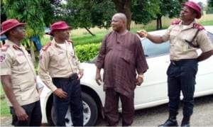 L-R: The Frsc Unit Commander in Onitsha, Mr Anthony Metta, Anambra State Frsc Sector Commander, Mr Sunday Ajayi, leader of Onitsha Youth Movement, Chief Eselu Bosah and Unit Commander in Ihiala, Mr Frank Agbakoba, during 'Operation Scorpion', in Onitsha recently