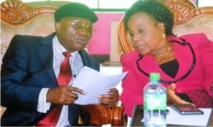 Chairman, Rivers State Commission, Chief Oris Onyin, with chairman of the occasion, Prof. (Mrs) Roseline Konya, during a seminar organised by the commission to reposition the  State Civil Service in Eleme on Monday.