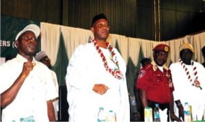 L-R: Governor Adams Oshiomhole of Edo State, representative of Permanent Secretary, Ministry of Labour and Productivity, Dr O.C. Illoh, Zonal Commanding Officer, Abuja and Niger State, Assistant Corps Marshal Jonas Agwu and Deputy Governor of Oyo State, Otunba Moses Adeyemo, during the quadrennial national delegates conference of the National Union of Road Transport Workers (NURTW) in Abuja, on Tuesday.