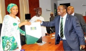 Representative of the Governor of Kaduna State, Hadiza Bala-Usman (left), receiving a souvenir from  Managing Director, Bank of Agriculture, Prof. Danbala Danju, during the visit of the management team of the bank to the Governor in Kaduna on Wednesday.