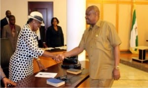 Rivers State Governor, Chief Nyesom Wike (right), congratulating Chairman, Rivers State Christian Pilgrims Welfare Board, Barr. (Mrs.) Biobele Adesola, after the inauguration of the board at Government House, Port Harcourt, yesterday