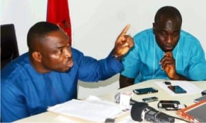 President, Ijaw Youths Council (iyc), Mr  Udengs Eradiri (left), addressing a news conference in support of the ongoing restructuring of the oil and gas sector in Yenagoa on Tuesday. With him is iyc spokesman,  Mr Eric Omare.