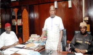 L-R: Speaker, Enugu State House of Assembly, Mr Edward Ubosi, Executive Chairman, Umuchigbo Iji-Nike Community, Chief Anike Francis and Enugu State Former Commissioner for Inter-Ministerial Affairs, Chief Beloved-Dan Anike, during a courtesy visit by the community to the Speaker in Enugu recently