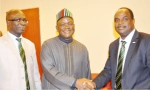 Governor Samuel Ortom of Benue State (middle), welcoming the Managing Director, Bank of Agriculture (BOA), Prof. Danbala Danju, during a meeting with Executives of BOA in Abuja on Thursday. With them is the BOA Executive Director, Wholesale Finance, Mr Babatunde Igun.
