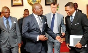 L-R: Programme Manager, Department for International Development (dfid) in Nigeria, Mr Peters Ugwuoke, Governor Akinwumi Ambode of Lagos State, Head of dfid office in Nigeria, Mr Ben Mellor and the South-West Regional Coordinator, dfid, Mr Sina Fagbenro-Byron, during Mellor's visit to Governor Ambode in Lagos, recently.