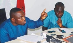 President, Ijaw Youths Council, (IYC), Mr Udengs Eradiri (left), addressing a news conference in support of the ongoing restructuring of the oil and gas sector, in Yenagoa on Tuesday. With him is the IYC spokesman, Mr Eric Omare.
