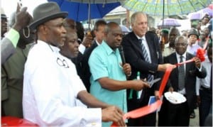 Rivers State Governor, Chief Nyesom  Wike (3rd right), Representative of Julius  Berger,  Marco Braun (2nd right), Caretaker  Committee  Chairman  of  Obio /Akpor LGA, Bright Amaehwule (2nd left), and member  of  the  House  of  Representatives,  Mr Kingsley Chinda, during the flag off of the dualization of Oil Mill-Elelenwo-Akpajo road on Friday.