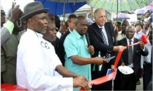 Rivers State Governor, Chief Nyesom Wike (3rd right), Representative of Julius Berger, Marco Braun (2nd right), Caretaker Committee Chairman of Obio /Akpor LGA, Bright Amaehwule (2nd left), and member of the House of Representatives, Mr Kingsley Chinda, during the flag off of the dualization of Oil Mill-Elelenwo-Akpajo road on Friday.