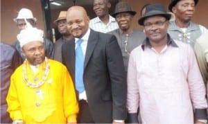 L-R: The Paramount Ruler of Alesa community, Eleme LGA, Chief Emperor Nkpe; General Manager, and Head of Projects Execution, Genesis Energy Group, Mr Deji Obatayo; Manager, Public Affairs Department, Port Harcourt Refining Company, Mr Felix Ejuweke, at the inauguration of rehabilitated Alesa community in Eleme LGA, Port Harcourt on Friday.