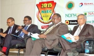 L-R: Chief Operator Officer, Oando Marketing, Mr Yomi Awobokun; Chairman of the Occasion, Mr Deji Haastrup; Managing Director, Mobil Oil Nigeria Plc., Mr Tunji Oyebanji and Managing Director, Nipco Plc, Mr Venkataranan Venkatapathy, at 2015 National Association of Energy Correspondents (Naec) Conference in Lagos on Thursday (20/8/15).